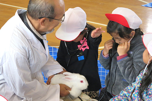 うさぎにふれる子供たち
